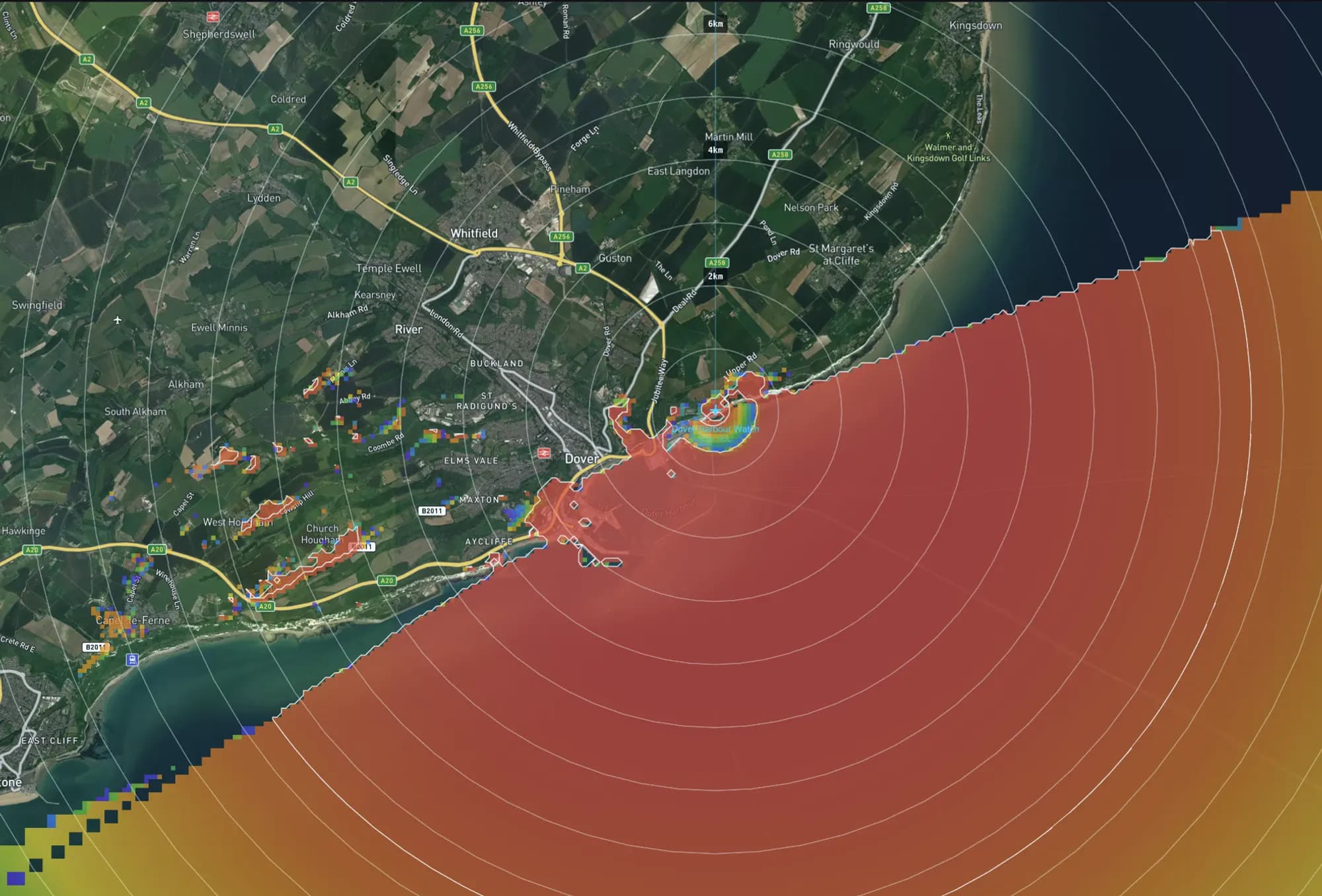 Radar detection probability map over the Dover Strait from a 25 m coastal radar site, computed in Axiorad