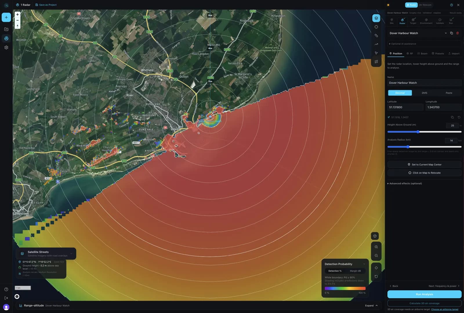 Axiorad workspace showing coastal radar coverage over the Dover Strait, with the radar configuration column open