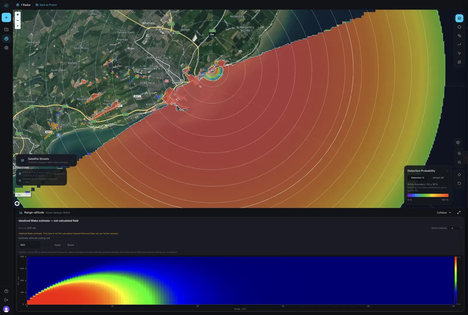 Axiorad workspace with the range–altitude panel expanded beneath the coastal coverage map